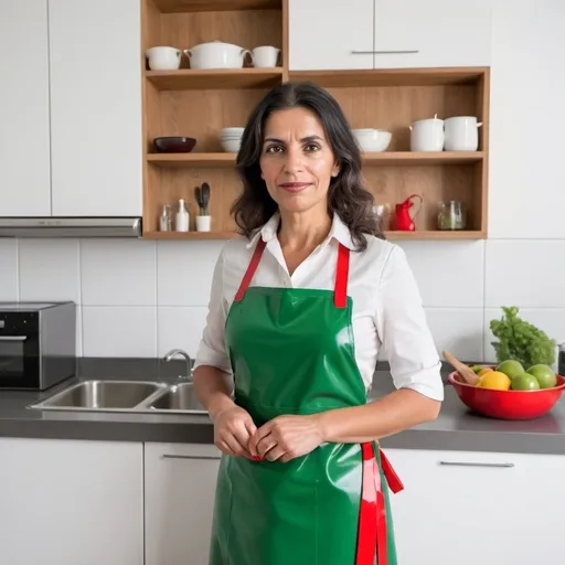 Prompt: humble Portuguese housekeeper in green dress and red pvc apron in modern kitchen
