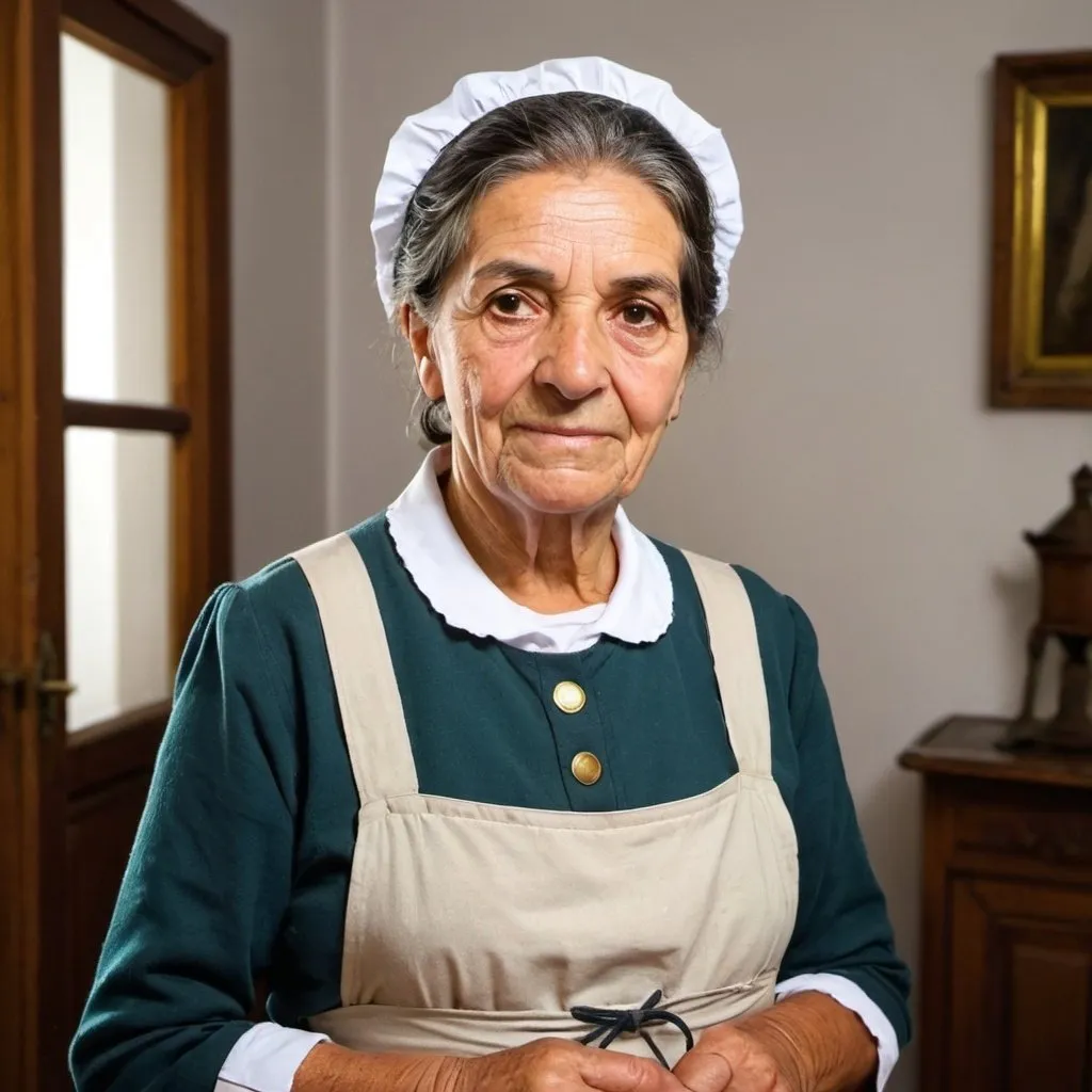 Prompt: humble Portuguese old housekeeper in uniform