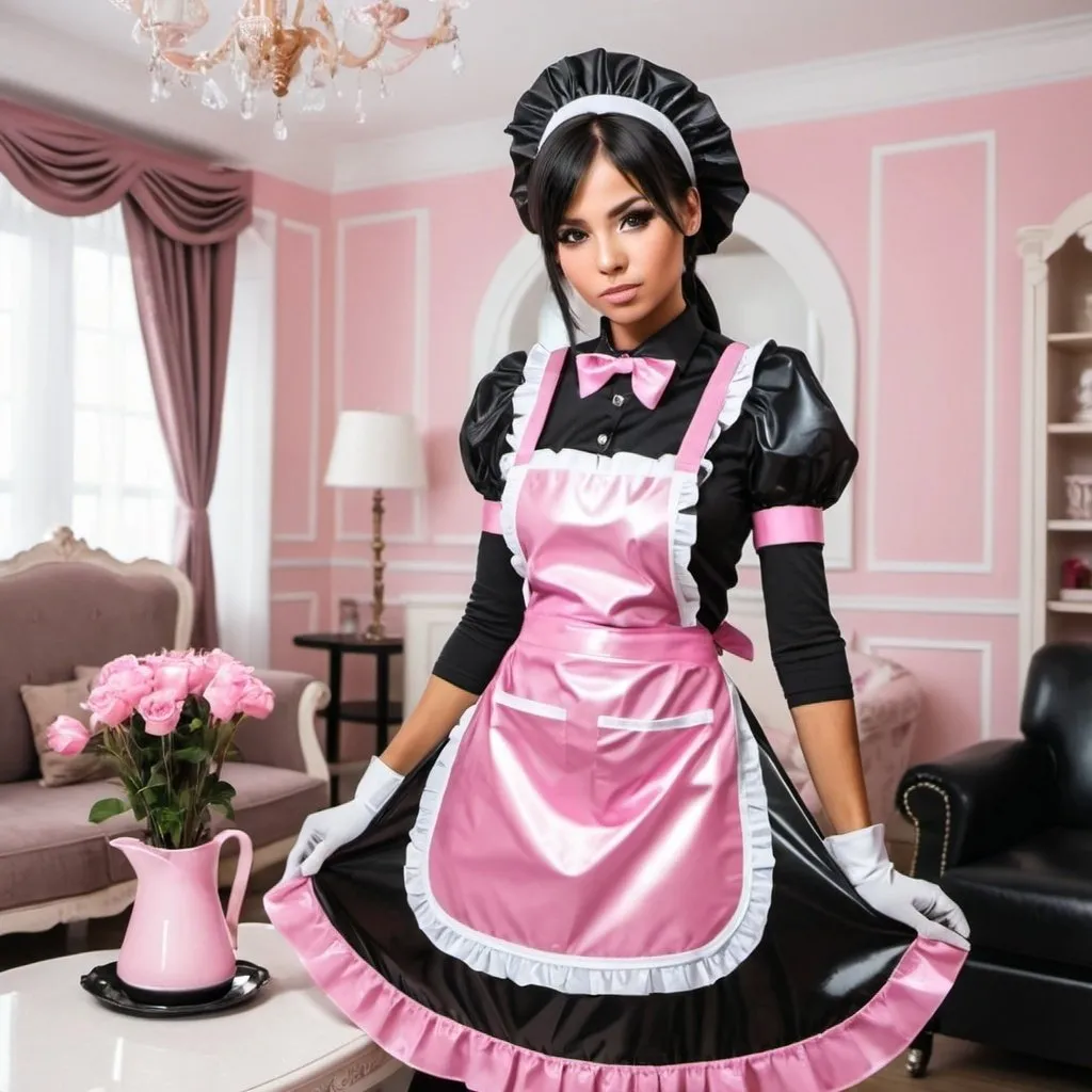 Prompt: black maid  sad luxurious living room in uniform with pvc pink apron 