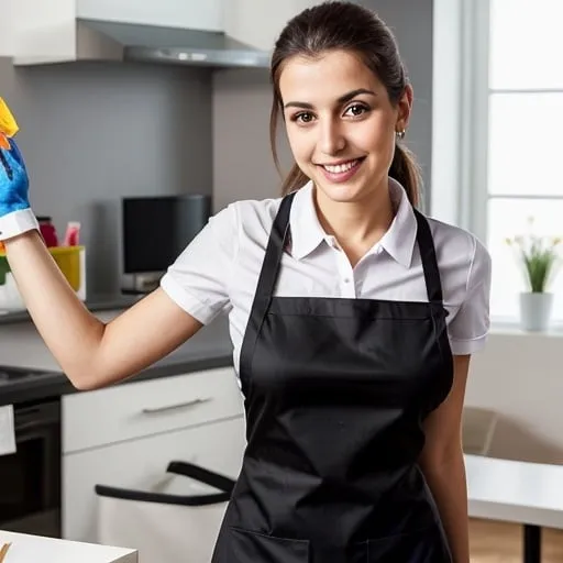 Prompt: Portuguese crying fisically strong humble maid in a professional cleaning a room uniform black apron
