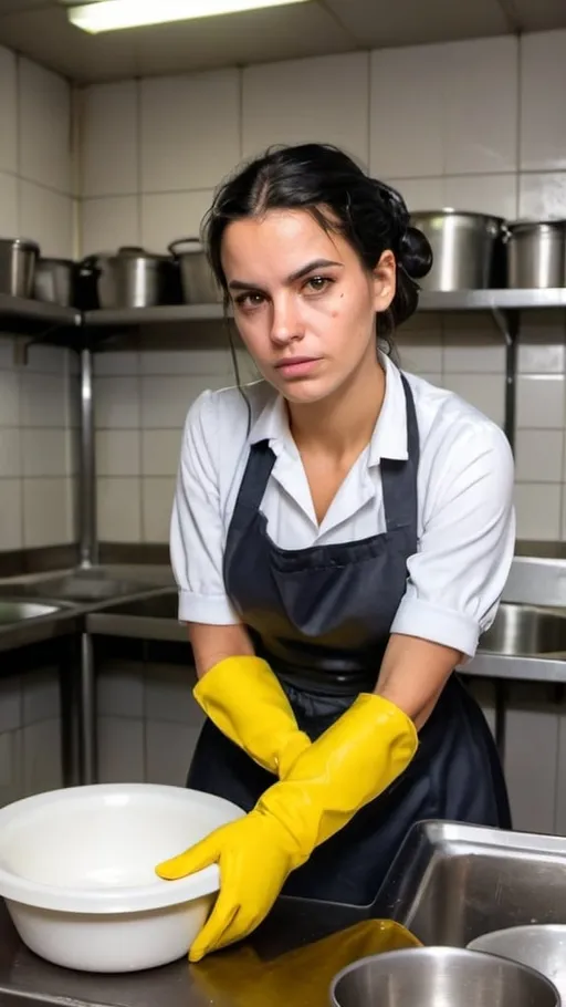 Prompt: Portuguese strong dirty humble sad formal maid working washing dishes in a prison kitchen in uniform and pvc apron yellow gloves