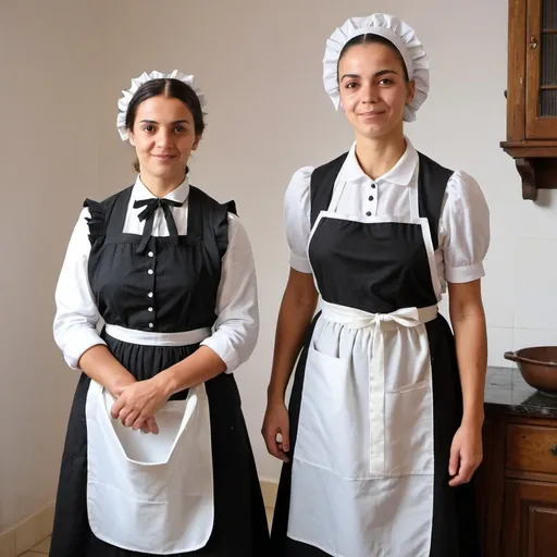 Prompt: Portuguese old housekeeper in dirty black maids dress and white full length apron and young maid
