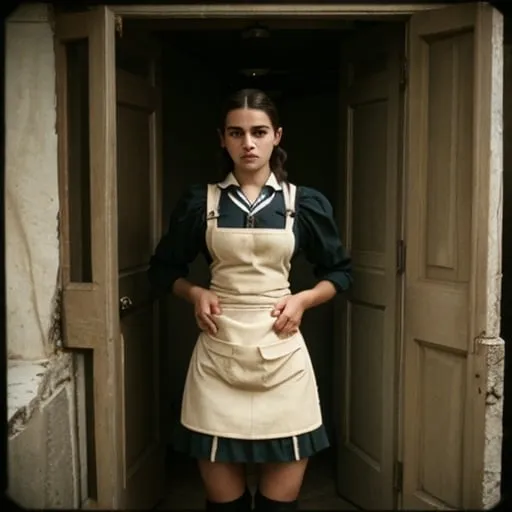 Prompt: Sad strong dirty young Portuguese maid in uniform and apron working