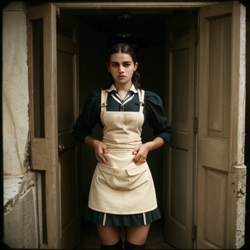 Prompt: Sad strong dirty young Portuguese maid in uniform and apron working