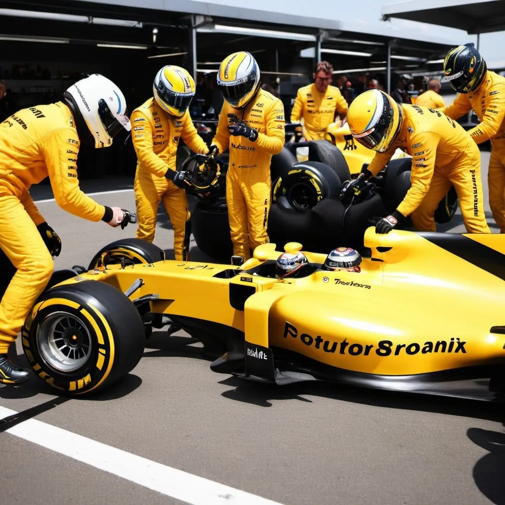 Prompt: cool and fast f1 pitstop in yellow