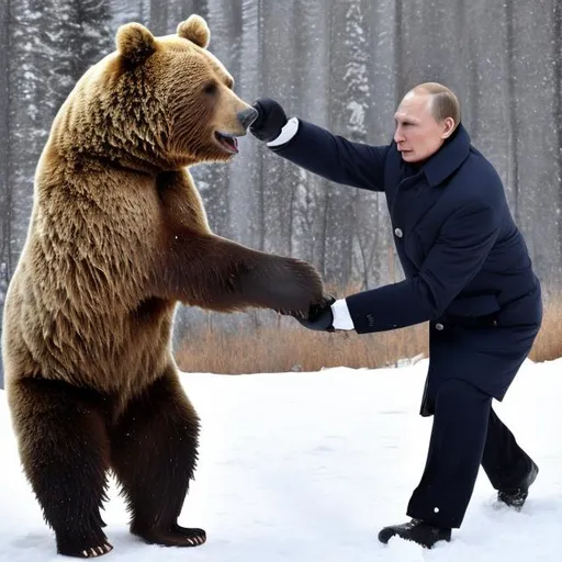 Prompt: Vladimir Putin punching a bear