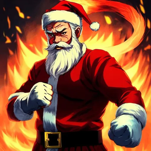 Prompt: Santa raising his fists with dramatic lighting while surrounded by fire in anime artstyle, centered, comic artstyle, photorealistic, high detail, bright colours, epic lighting, perfect face, highly detailed body