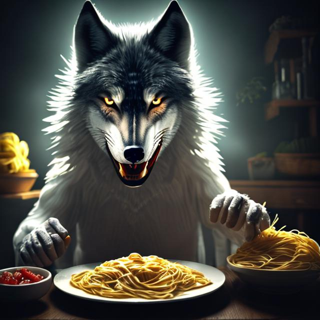 Prompt: anime wolf eating pasta with epic lighting