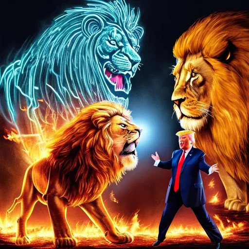 Prompt: Donald Trump fighting a lion while surounded by fire with neon lighting