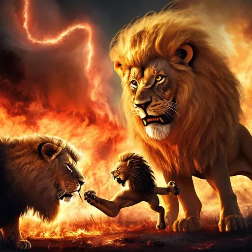 Prompt: Donald Trump fighting a lion while surounded by fire with epic lighting