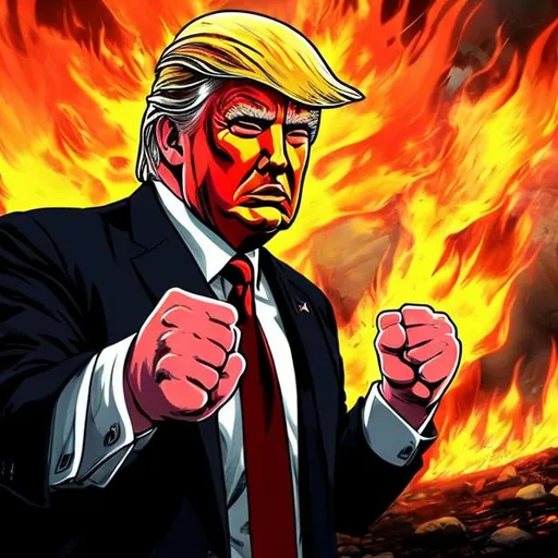Prompt: Donald Trump raising his fists with dramatic lighting while surrounded by fire in anime artstyle, centered, comic artstyle, photorealistic, high detail, bright colours, epic lighting, perfect face, highly detailed body, 