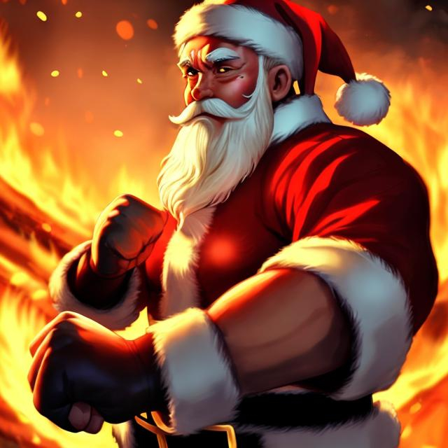 Prompt: Santa raising his fists with dramatic lighting while surrounded by fire in anime artstyle, centered, comic artstyle, photorealistic, high detail, bright colours, epic lighting, perfect face, highly detailed body, 