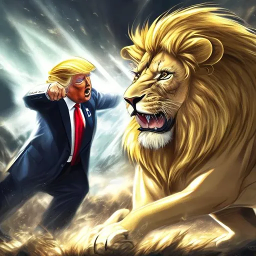 Prompt: Donald Trump fighting a lion with dramatic lighting in anime artstyle