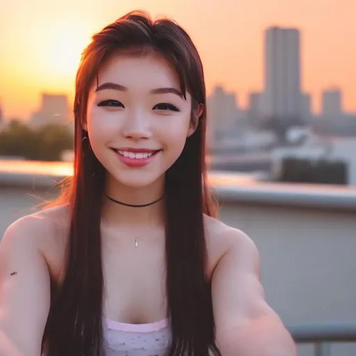 Prompt: a cute woman making a youtube video by the sunset and she is korean and has korean lips
