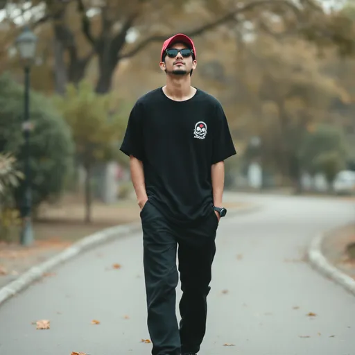 Prompt: Walking confidently along a winding path, a young man exudes a relaxed yet stylish aura, dressed in a loose black t-shirt with a graphic emblem and dark trousers paired with comfortable sneakers. His casual ensemble is complemented by a red cap perched atop his head and sleek sunglasses that add a touch of attitude. The backdrop features a serene outdoor setting, with trees lining the path and a hint of autumn foliage scattered around, suggesting a quiet afternoon. Soft, muted colors characterize the scene, creating a laid-back vibe that reflects tranquility and introspection, inviting viewers to appreciate the simple beauty of the moment. As he strides forward, there's an air of contemplation, as if he's on a journey of self-discovery.