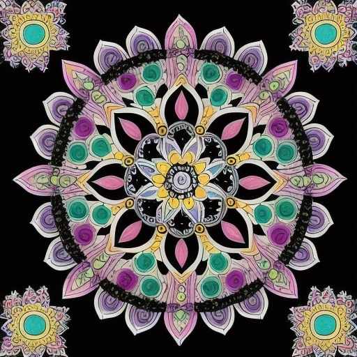 Prompt: make a mandala painting for cover page with colourfilled with black bg