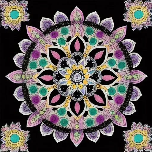 Prompt: make a mandala painting for cover page with colourfilled with black bg