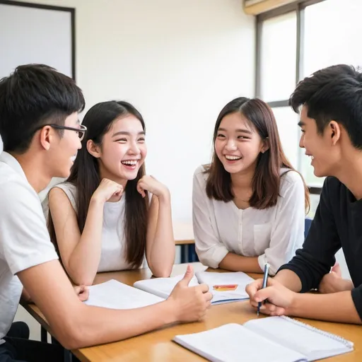 Prompt: high school and bachelor fresh graduates students are discussing with their English tutor in a joyful humorous Conversation class.