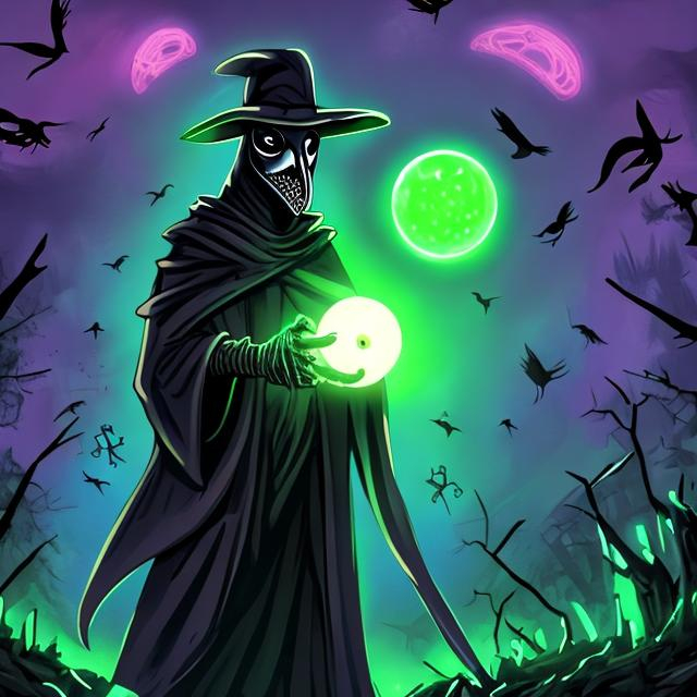 Prompt: Plague doctor, bird mask, necromancer, single individual, holding glowing green orb