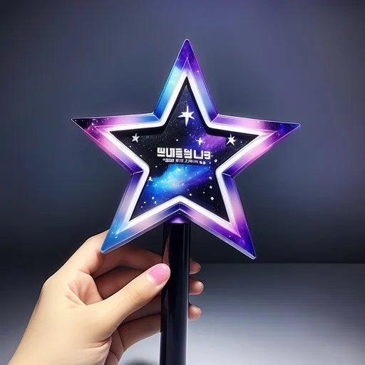 Prompt: uma lightstick de kpop com uma base elegante, uma estrela de cinco pontas no centro, representando a galaxia, talvez com detalhes de brilhos e cores que lembram o espaço, como prata roxo e azul