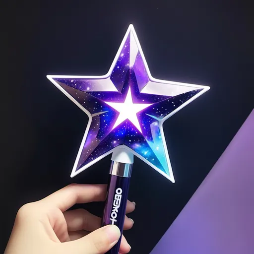 Prompt: uma lightstick de kpop com uma base elegante, uma estrela de cinco pontas no centro, representando a galaxia, talvez com detalhes de brilhos e cores que lembram o espaço, como prata roxo e azul