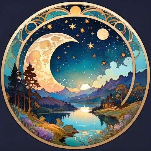 Prompt: ((landscape))Moon, stars, circle scenery, night, starry, magical
