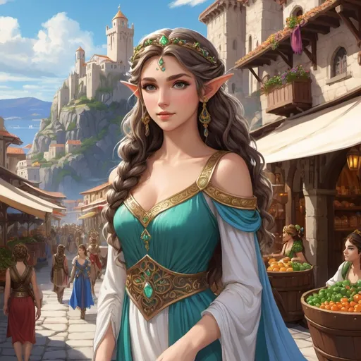 Prompt: Greek Mythology, female, elf, adventurer, DnD concept art, In a busy market, greek, Art by studio ghibli, half body portrait, female , elf, detailed face, detailed vibrant eyes, full eyelashes, ultra detailed accessories, detailed castle interior, city background, princess dress, curly messy braided hair,tiara, bangs, dnd, artwork, fantasy,inspired by D&D, concept art, ((looking away from viewer))