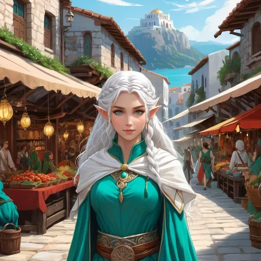 Prompt: Greek Mythology, female, elf, adventurer, DnD concept art, In a busy market, greek, Art by studio ghibli, half body portrait, female , elf, archer, detailed face, detailed vibrant eyes, full eyelashes, ultra detailed accessories, city background, white dress, teal full shoulder cloak, , curly messy braided hair, white hair, vibrant eyes, bangs, dnd, artwork, fantasy,inspired by D&D, concept art