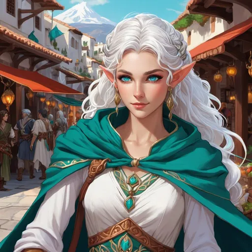 Prompt: Greek Mythology, female, tiefling, adventurer, DnD concept art, In a busy market, greek, Art by studio ghibli, half body portrait, female , elf, archer, detailed face, detailed vibrant eyes, full eyelashes, ultra detailed accessories, city background, white dress, teal full shoulder cloak, , curly messy braided hair, white hair, vibrant eyes, bangs, dnd, artwork, fantasy,inspired by D&D, concept art