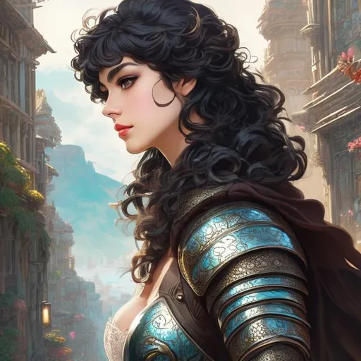 Prompt: Greek Mythology, full leather armor,  adventurer, black armor, DnD concept art, In a busy market, half body portrait, detailed face, detailed vibrant eyes, full eyelashes, ultra detailed accessories, city background, curly hair, bangs, dnd, artwork, fantasy,inspired by D&D, concept art, ((looking away from viewer)), ((Art inspired by studio ghibli)), cartoonish,