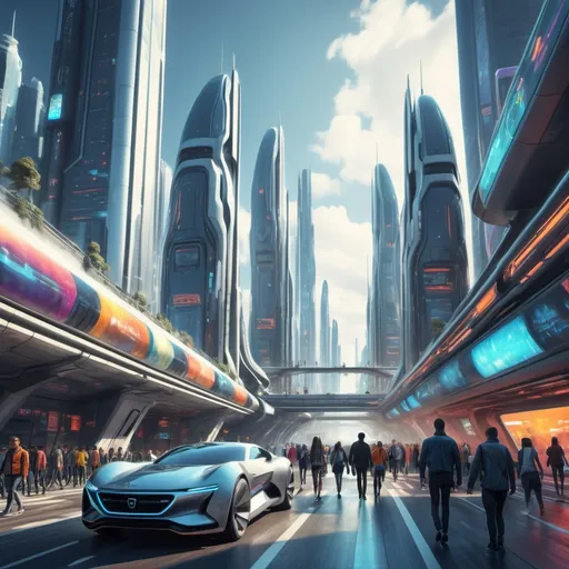 Prompt: futuristic city, people walking, cars, traffic, heavy vibrant colors, dynamic range, photorealistic, high-definition, ultra detailed, 8k uhd, use HDR profile and maximum ISO value 102000