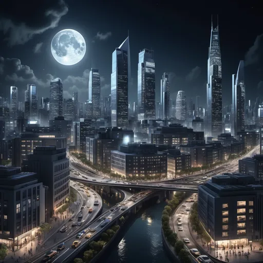 Prompt: modern city, night, groups of people, traffic, moonlit, professional lighting, photorealistic, high-definition, ultra detailed, 8k uhd, master piece