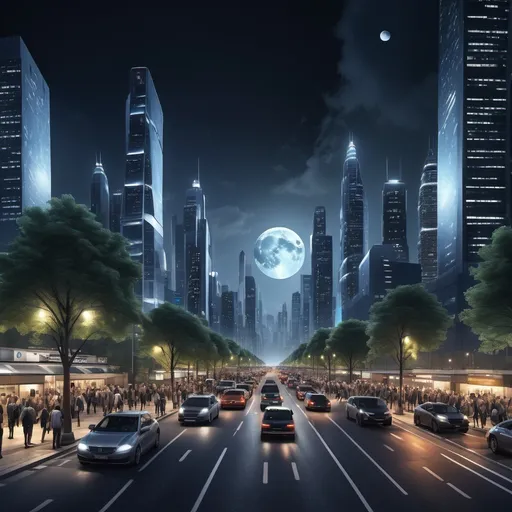 Prompt: modern city, night, groups of people, traffic, moonlit, professional lighting, photorealistic, high-definition, ultra detailed, 8k uhd, master piece