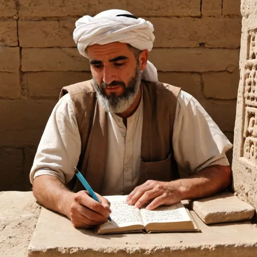 Prompt: A man is writing a book in ancient Iraq