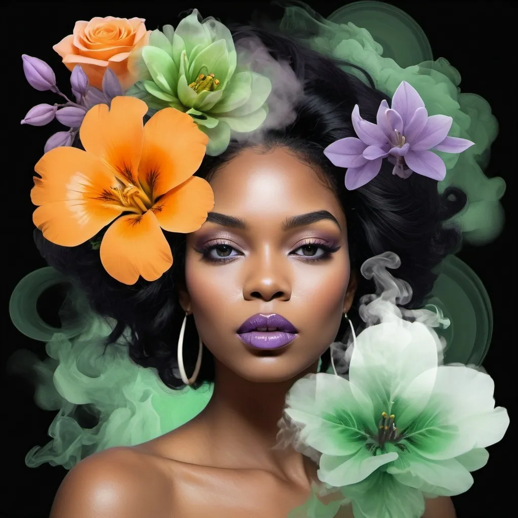 Prompt: digital art collage of orange abstract green floral elements, digital smoke art. A beautiful black woman with lilac lips and black hair is depicted in the style of digital airbrushing and fashion photography with double exposure techniques. The collage uses mixed media and oil painting styles on a dark background with high detail, resolution, and sharp focus like a studio photo