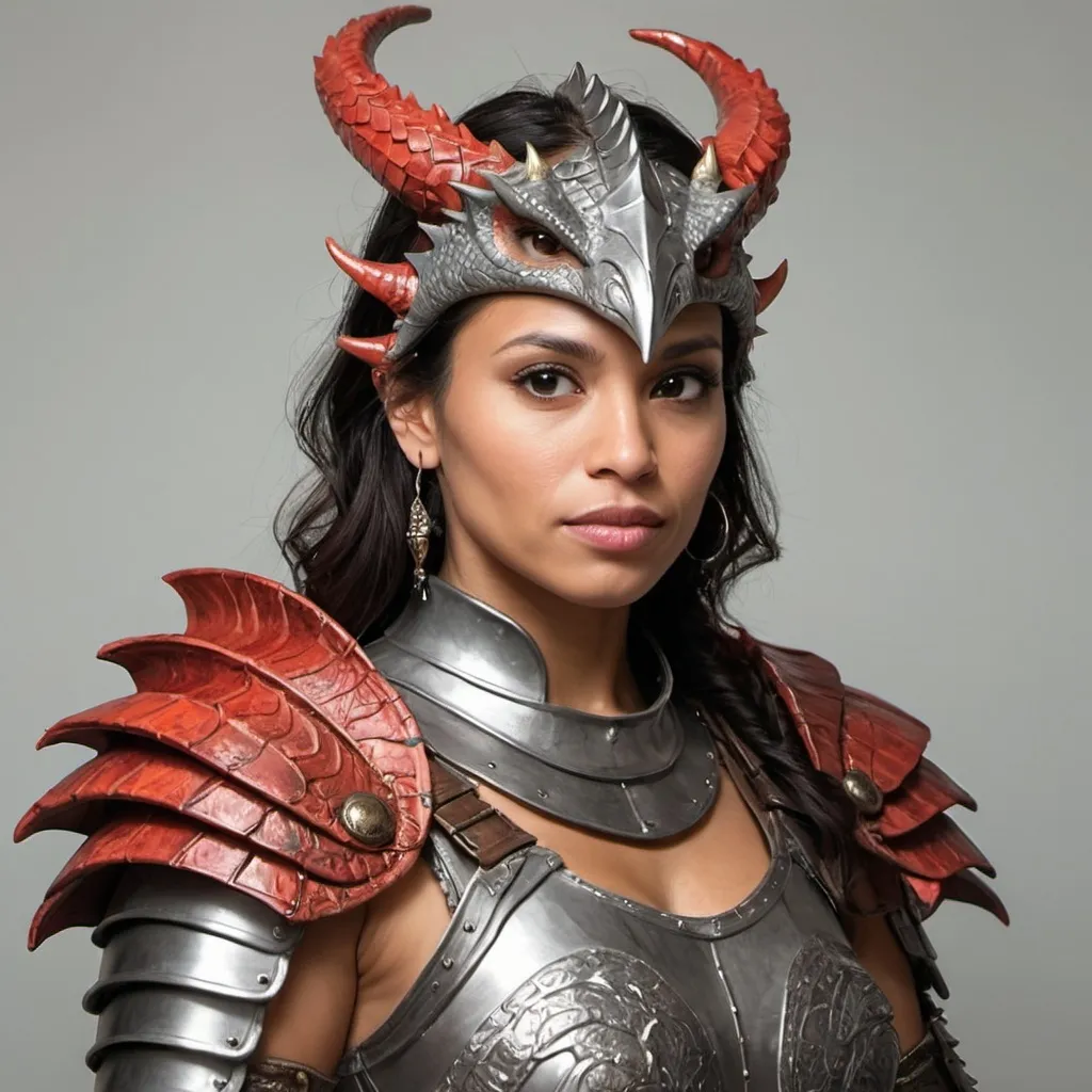 Prompt: A woman portrait in Midjourney <mymodel> style, ... Illustration of a beautiful south-american woman age 30. Dressed in a dragon armour costume