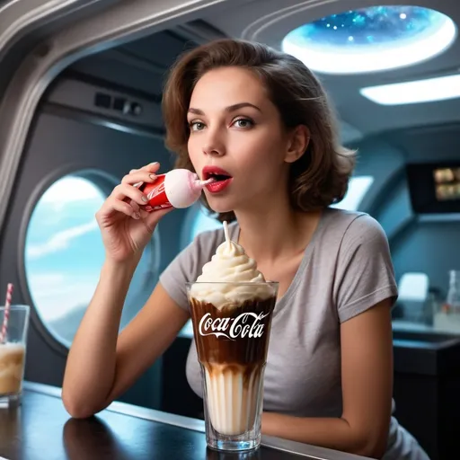 Prompt: Coke float. Milkshake glass. Spaceship, woman eat ice cream, woman 30 age