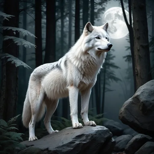 Prompt: Silvery white wolf standing on a rock in a tranquil forest, soft, moody moonlit ambiance, warm, deep shadows, detailed features, classic forest backdrop with forest elements, ultra-detailed, high quality.