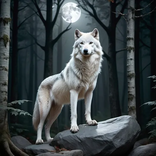 Prompt: Silvery white wolf standing on a rock in a tranquil forest, soft, moody moonlit ambiance, warm, deep shadows, detailed features, classic forest backdrop with forest elements, ultra-detailed, high quality.