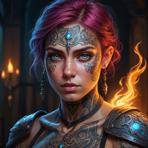 Prompt: Bold and determined character with glowing protective tattoos, fantasy art, high quality, detailed facial features, intricate glowing tattoos, intense and determined gaze, medieval fantasy setting, vibrant colors, magical lighting, professional, digital painting, highres, fantasy, glowing tattoos, detailed eyes, determined expression, protective tattoos, vibrant colors, magical lighting