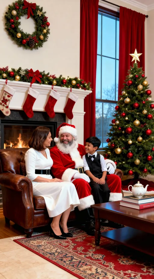 Prompt: Create an ultra realistic image Santa Claus and Mrs. Claus and their son sitting on a brown leather armchair in front of a fireplace. The fireplace is decorated with a wreath, garland, and stockings hanging on the mantle. There is a Christmas tree in the corner of the room with red and gold ornaments and a star on top. The room has a large window with red curtains and a rug on the floor. The couple is dressed in traditional red and white outfits, with Santa wearing a red suit and Mrs wearing a white dress with a black belt. They are both smiling and looking at each other lovingly. On the coffee table next to the fireplace, there are a few books and a teapot. The overall mood of the image is festive and cozy.