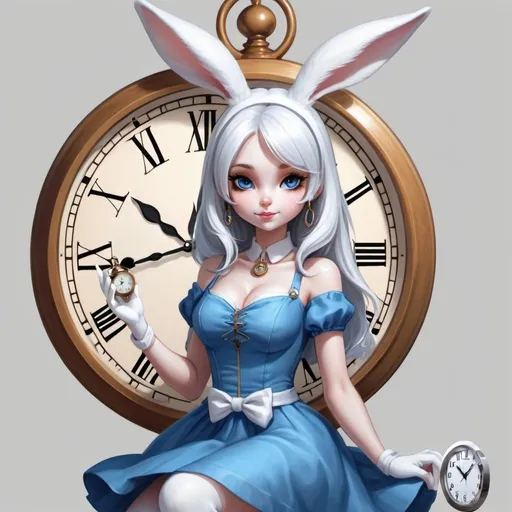 Prompt: a cartoon female white rabbit holding a clock and wearing a blue dress and bunny ears, with a white background, Anne Stokes, furry art, rossdraws global illumination, a character portrait