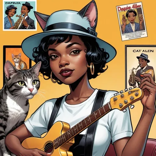 Prompt: a beautiful young black woman with short hair and wearing a hat with cat ears and holding a harmonica in front of a cartoon of a cat playing saxophone and a man playing a eletric guitar, Daphne Allen, harlem renaissance, comic cover art, a comic book panel