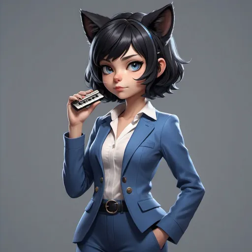 Prompt: a cartoon black cat girl character with cat's ears and holding a harmonica in her hand and with short black hair, wearing a blue feminine pantsuit,, Artgerm, furry art, unreal engine 5 quality render, a character portrait