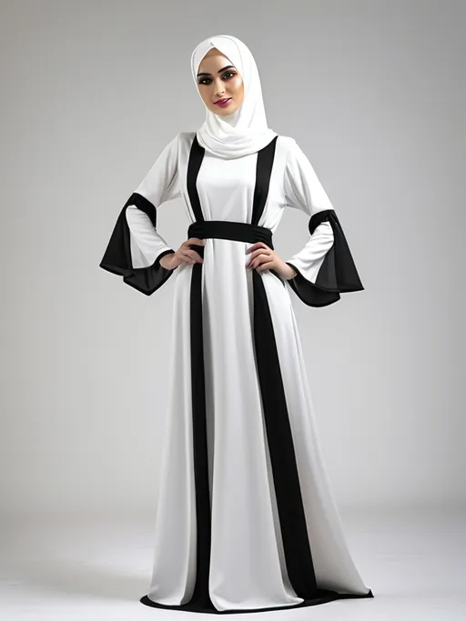 Prompt: Muslim women dress on a Mannequin , long sleeves,, robe,, sleeves past wrists, solo, standing, white and black dress, wide sleeves