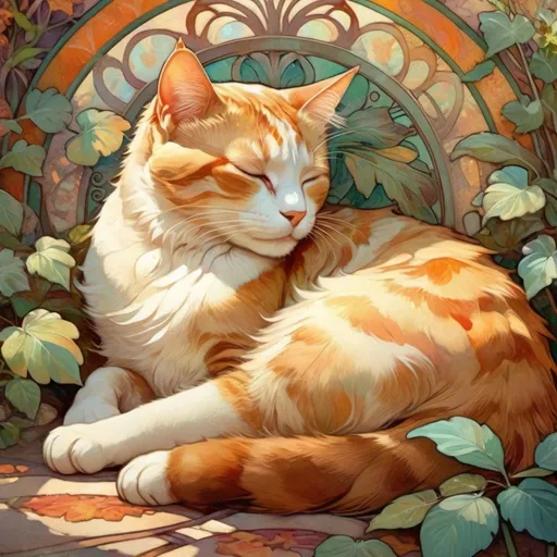 Prompt: (cat napping peacefully on the ground), cozy ambiance, warm sunlight filtering through leaves, soft textures, serene mood, adorable pose with paws tucked under, calm expression, vibrant colors of a tranquil garden, intricate details in fur patterns, ultra-detailed, HD quality, gentle shadows, inviting atmosphere for relaxation.