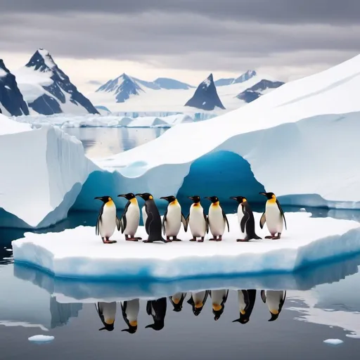 Prompt: create a picture of antarctica with penguins and melted glaciers