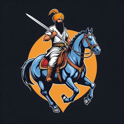 Prompt: sikh warrior riding a horse in vector logo style. sword on his belt hanging down. hero position.
