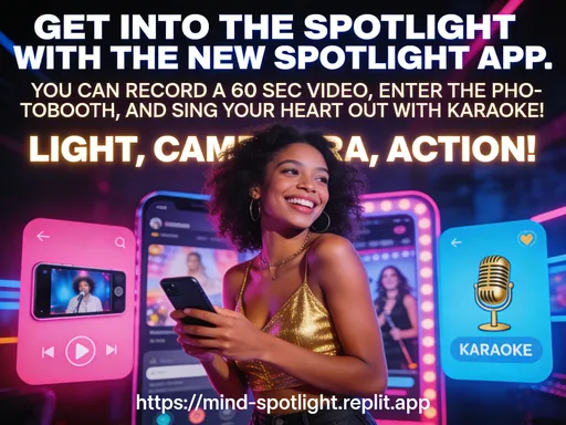 Prompt: AN AFRICAN AMERICAN WOMAN ADVERTISING THE NEW SPOTLIGHT APP.  "GET INTO THE SPOTLIGHT WITH THE NEW SPOTLIGHT APP.  YOU CAN RECORD A 60 SEC VIDEO, ENTER THE PHOTOBOOTH, AND SING YOUR HEART OUT WITH KARAOKE! LIGHT, CAMERA, ACTION! 
https://mind-spotlight.replit.app