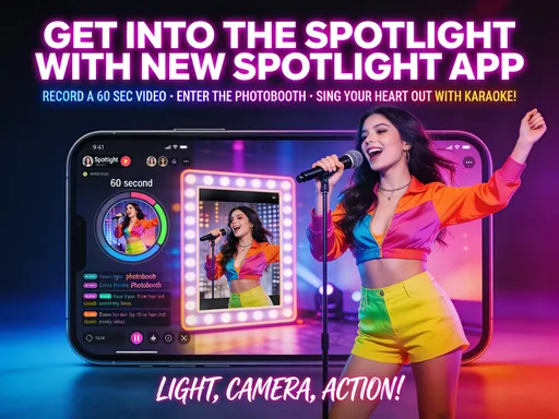 Prompt: A WOMAN ADVERTISING THE NEW SPOTLIGHT APP.  "GET INTO THE SPOTLIGHT WITH NEW SPOTLIGHT APP.  YOU CAN RECORD A 60 SEC VIDEO, ENTER THE PHOTOBOOTH, AND SING YOUR HEART OUT WITH KARAOKE! LIGHT, CAMERA, ACTION!